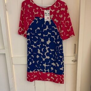 Yoana Baraschi Vibrant Red and Blue Circle Midi Dress